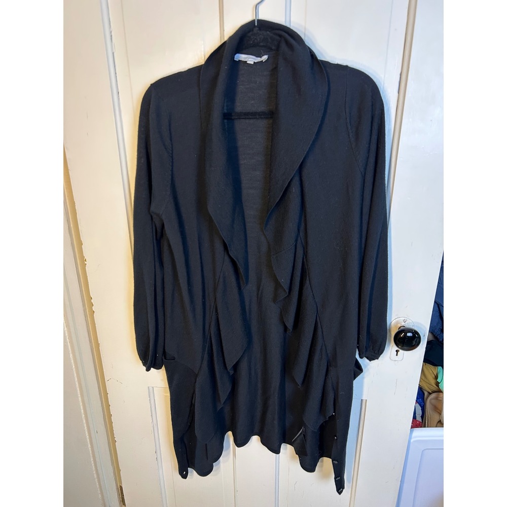 Anne Fontaine Phileas Black Ruffle Front Draped Cardigan Sweater Pockets Size 40
